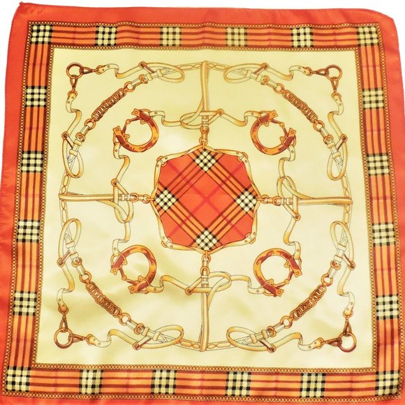 Scarf 19" Square Satin orange tan classic print neckerchief - Picture 1 of 6